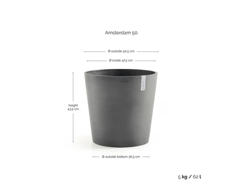 Ecopots Amsterdam 50 plantenbak rond, buitendiameter 50,5 centimeter, hoogte 43,5 centimeter, volume 62 liter, gewicht 5 kilogram.