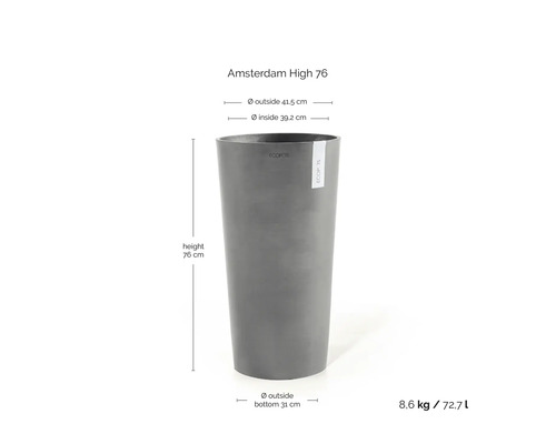 Grijze hoge bloempot ECOPOTS Amsterdam High 76 met maten: hoogte 76 centimeter, buitendiameter 41,5 centimeter, inhoud 72,7 liter.