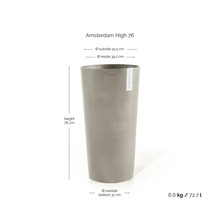 Hoge plantenbak Amsterdam High 76 van ECOPOTS. Hoogte 76 centimeter, buitendiameter boven 41,5 centimeter, onder 31 centimeter, inhoud 72,7 liter.