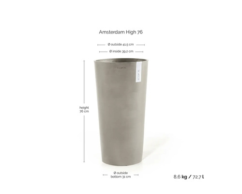 Hoge plantenbak Amsterdam High 76 van ECOPOTS. Hoogte 76 centimeter, buitendiameter boven 41,5 centimeter, onder 31 centimeter, inhoud 72,7 liter.