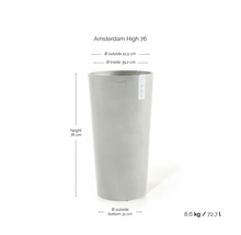 Ecopots Amsterdam High 76 bloempot met Ecopots Logo: hoogte 76 centimeter, buitendiameter 41,5 centimeter, gewicht 8,6 kilogram, inhoud 72,7 liter.