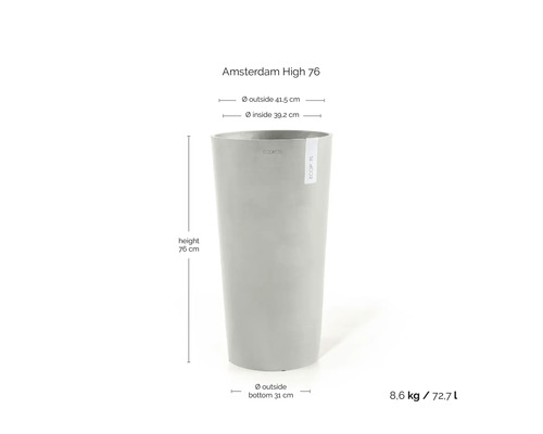 Ecopots Amsterdam High 76 bloempot met Ecopots Logo: hoogte 76 centimeter, buitendiameter 41,5 centimeter, gewicht 8,6 kilogram, inhoud 72,7 liter.