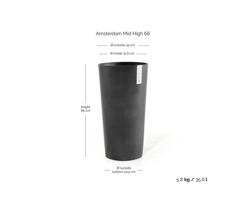 Hoge donkere bloempot ECOPOTS Amsterdam Mid High 66 met afmetingen: hoogte 66 centimeter, diameter 34 centimeter, inhoud 35,6 liter.