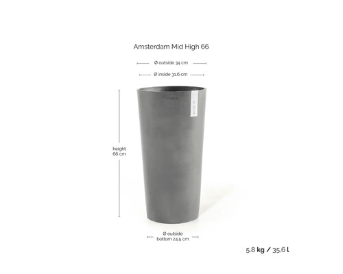 Grijze Ecopots Amsterdam Mid High 66 bloempot: hoogte 66 centimeter, buitendiameter 34 centimeter, volume 35,6 liter, gewicht 5,8 kilogram.