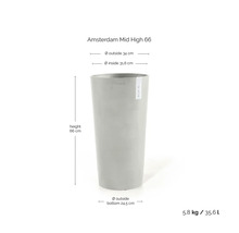 Bloempot Amsterdam Mid High 66, hoogte 66 centimeter, diameter 34 centimeter, inhoud 35,6 liter.