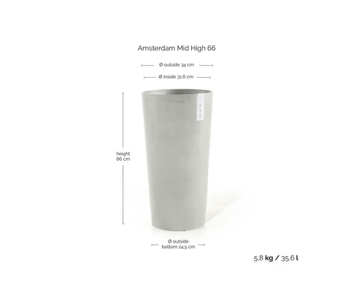 Bloempot Amsterdam Mid High 66, hoogte 66 centimeter, diameter 34 centimeter, inhoud 35,6 liter.
