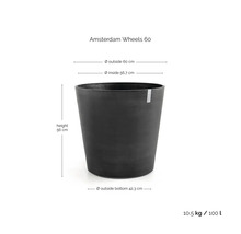 Bloempot Amsterdam Wheels 60: hoogte 56 centimeter, diameter 60 centimeter, volume 100 liter, gewicht 10,5 kilogram.