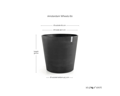 Bloempot Amsterdam Wheels 60: hoogte 56 centimeter, diameter 60 centimeter, volume 100 liter, gewicht 10,5 kilogram.