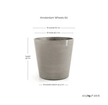 Bloempot Amsterdam Wheels 60 met afmetingen: buitendiameter 60 centimeter, binnendiameter 56,7 centimeter, hoogte 56 centimeter, inhoud 100 liter.