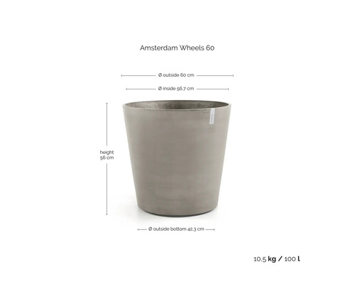 Bloempot Amsterdam Wheels 60 met afmetingen: buitendiameter 60 centimeter, binnendiameter 56,7 centimeter, hoogte 56 centimeter, inhoud 100 liter.