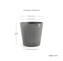 Grijze conische plantenbak Amsterdam Wheels 80, hoogte 74,2 centimeter, diameter 80 centimeter, 35 kilogram, 300 liter.