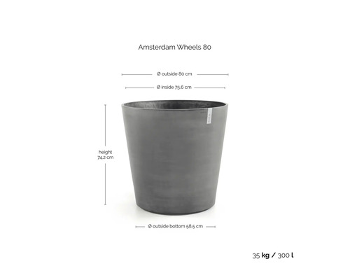 Grijze conische plantenbak Amsterdam Wheels 80, hoogte 74,2 centimeter, diameter 80 centimeter, 35 kilogram, 300 liter.