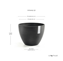 Ecopots Antwerp 30 bloempot, hoogte 25 centimeter, buitendiameter 30,2 centimeter, inhoud 11,4 liter.