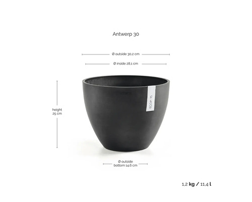 Ecopots Antwerp 30 bloempot, hoogte 25 centimeter, buitendiameter 30,2 centimeter, inhoud 11,4 liter.