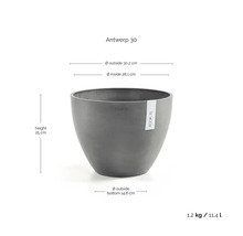 Ecopots Antwerp 30 grijze ronde bloempot, afmetingen: hoogte 25 centimeter, buitendiameter 30,2 centimeter, inhoud 11,4 liter.