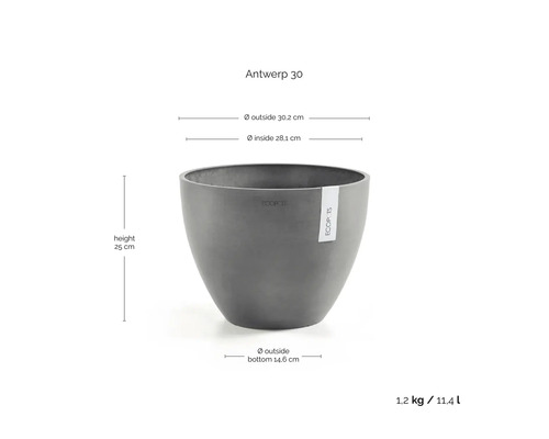 Ecopots Antwerp 30 grijze ronde bloempot, afmetingen: hoogte 25 centimeter, buitendiameter 30,2 centimeter, inhoud 11,4 liter.