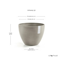 Bloempot Ecopots Antwerp 30: hoogte 25 centimeter, buitendiameter 30,2 centimeter, inhoud 11,4 liter, gewicht 1,2 kilogram.