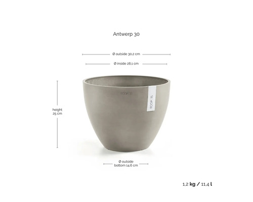 Bloempot Ecopots Antwerp 30: hoogte 25 centimeter, buitendiameter 30,2 centimeter, inhoud 11,4 liter, gewicht 1,2 kilogram.