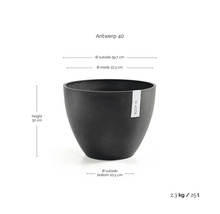 Ecopots bloempot Antwerp 40: hoogte 30 centimeter, buitendiameter boven 39,7 centimeter, onder 20,5 centimeter, inhoud 25 liter.