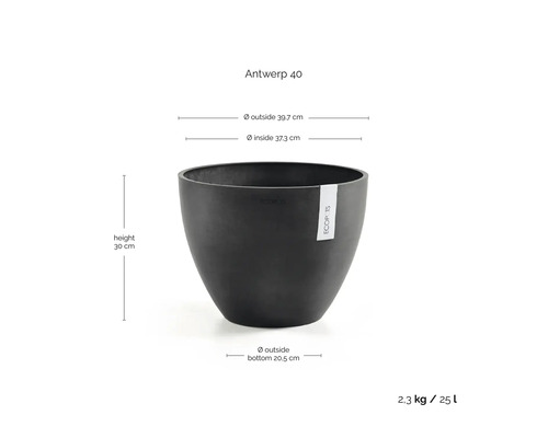 Ecopots bloempot Antwerp 40: hoogte 30 centimeter, buitendiameter boven 39,7 centimeter, onder 20,5 centimeter, inhoud 25 liter.