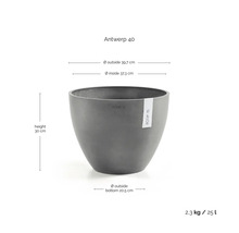 Ecopots bloempot Antwerp 40, hoogte 30 centimeter, buitendiameter 39,7 centimeter, binnendiameter 37,3 centimeter, inhoud 25 liter.