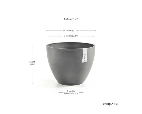 Ecopots bloempot Antwerp 40, hoogte 30 centimeter, buitendiameter 39,7 centimeter, binnendiameter 37,3 centimeter, inhoud 25 liter.
