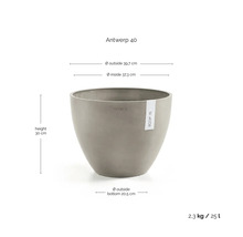 Grijze Ecopots bloempot Antwerp 40, diameter 39,7 centimeter, hoogte 30 centimeter, inhoud 25 liter, gewicht 2,3 kilogram.