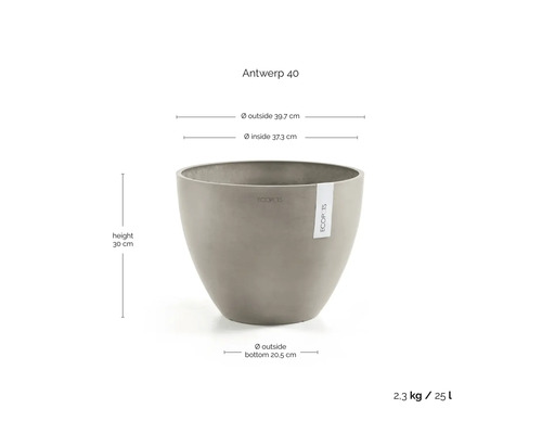 Grijze Ecopots bloempot Antwerp 40, diameter 39,7 centimeter, hoogte 30 centimeter, inhoud 25 liter, gewicht 2,3 kilogram.