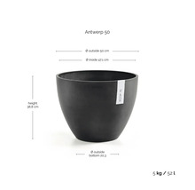 Ecopots bloempot Antwerp 50 in antraciet met afmetingen: hoogte 38,8 centimeter, buitendiameter 50 centimeter, binnendiameter 47,1 centimeter.