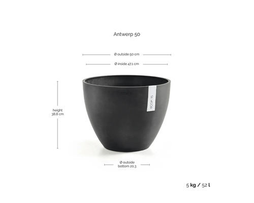 Ecopots bloempot Antwerp 50 in antraciet met afmetingen: hoogte 38,8 centimeter, buitendiameter 50 centimeter, binnendiameter 47,1 centimeter.