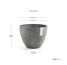 ECOPOTS Antwerp 50 plantenbak: hoogte 38,8 centimeter, buitendiameter 50 centimeter, inhoud 52 liter, gewicht 5 kilogram.
