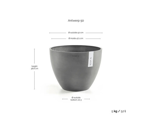 ECOPOTS Antwerp 50 plantenbak: hoogte 38,8 centimeter, buitendiameter 50 centimeter, inhoud 52 liter, gewicht 5 kilogram.