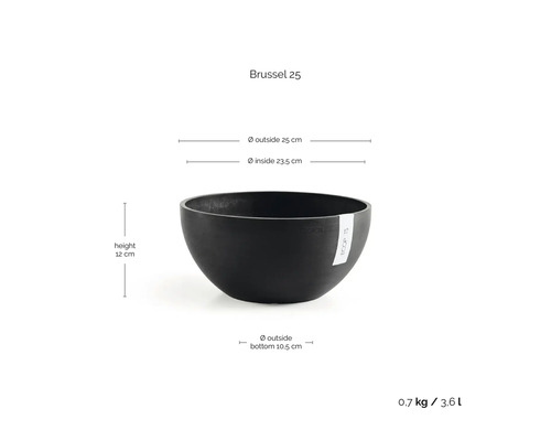 Plantenschaal Brussel 25 van kunststof: hoogte 12 centimeter, buitendiameter 25 centimeter, inhoud 3,6 liter, gewicht 0,7 kilogram.