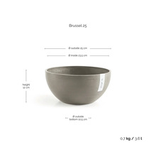 Ecopots plantenschaal Brussel 25: diameter 25 centimeter, hoogte 12 centimeter, volume 3,6 liter, gewicht 0,7 kilogram.