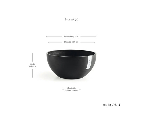 Zwarte plantenschaal Brussel 30 met een hoogte van 14,8 centimeter, een buitendiameter van 30 centimeter en een inhoud van 6,5 liter.