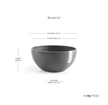 Ecopots bloemschaal Brussel 30 met afmetingen: diameter 30 centimeter, hoogte 14,8 centimeter, gewicht 0,9 kilogram, inhoud 6,5 liter.
