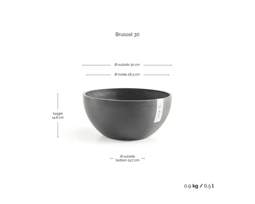 Ecopots bloemschaal Brussel 30 met afmetingen: diameter 30 centimeter, hoogte 14,8 centimeter, gewicht 0,9 kilogram, inhoud 6,5 liter.