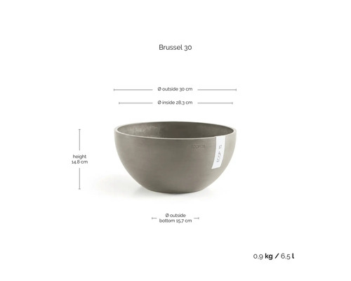Grijze ECOPOTS Brussel 30 plantenschaal: hoogte 14,8 centimeter, buitendiameter 30 centimeter, inhoud 6,5 liter, gewicht 0,9 kilogram.