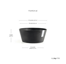 Ecopots plantenschaal Frankfurt 30 met de afmetingen: hoogte 15,6 centimeter, buitendiameter 30,6 centimeter, inhoud 8 liter.