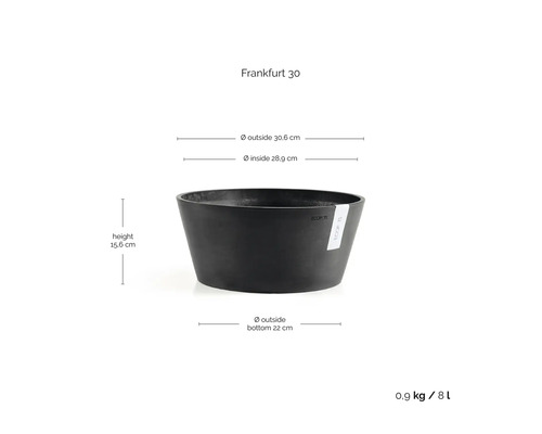Ecopots plantenschaal Frankfurt 30 met de afmetingen: hoogte 15,6 centimeter, buitendiameter 30,6 centimeter, inhoud 8 liter.