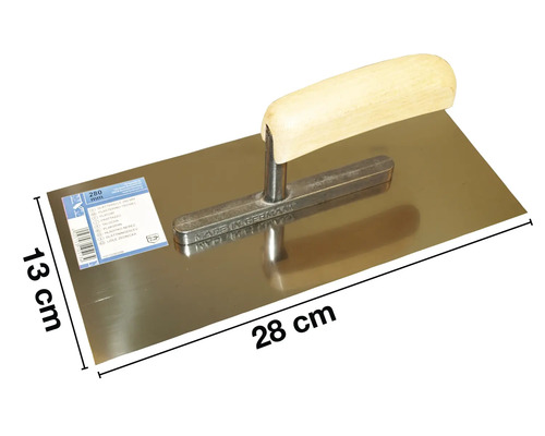 Gladde troffel met houten handvat en een bladgrootte van 28 x 13 cm.