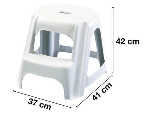 Witte kunststof trapkruk met afmetingen van 42 cm hoog, 37 cm breed en 41 cm diep.
