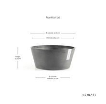 Ecopots Frankfurt 30 bloemschaal in donkergrijs: hoogte 15,6 centimeter, buitendiameter 30,6 centimeter, inhoud 8 liter.