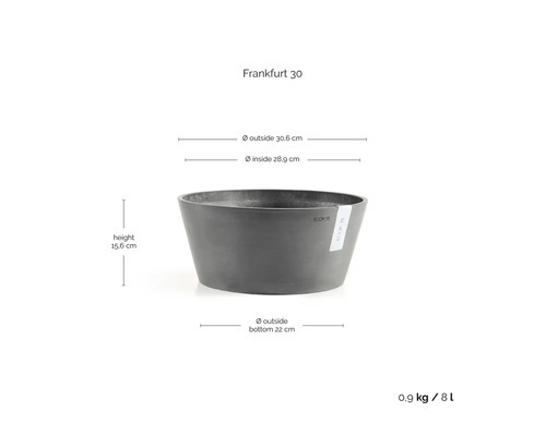 Ecopots Frankfurt 30 bloemschaal in donkergrijs: hoogte 15,6 centimeter, buitendiameter 30,6 centimeter, inhoud 8 liter.