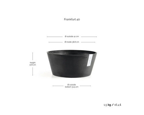 Plantenbak Frankfurt 40: buiten 41 centimeter, binnen 38,8 centimeter, hoogte 17,8 centimeter, bodem 31,5 centimeter, 16,4 liter, 1,5 kilogram.