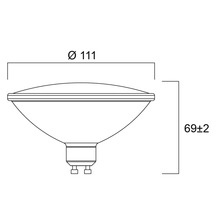 Technische tekening van een reflectorlamp met een diameter van 111 millimeter en een hoogte van 69 plus of min 2 millimeter.