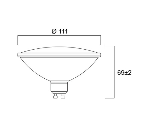Technische tekening van een reflectorlamp met een diameter van 111 millimeter en een hoogte van 69 plus of min 2 millimeter.