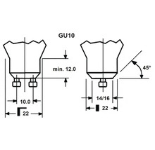 Technische tekening van een GU10-lampvoet met afmetingen in millimeters en een hoek van 45 graden.
