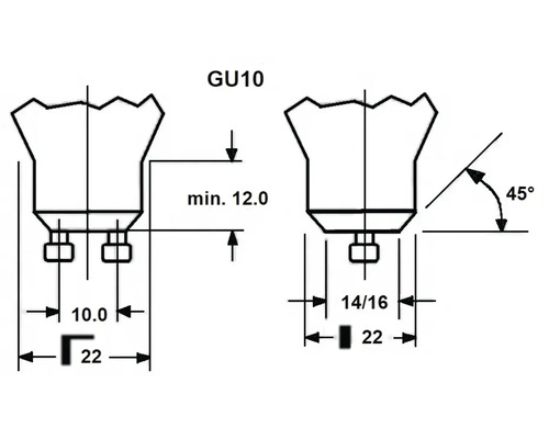 Technische tekening van een GU10-lampvoet met afmetingen in millimeters en een hoek van 45 graden.