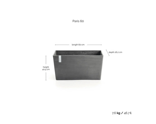 Rechthoekige plantenbak Paris 60: lengte 60 centimeter, hoogte 40,5 centimeter, diepte 26,2 centimeter, gewicht 7,6 kilogram, volume 46,7 liter.